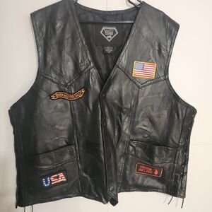 Diamond Plate Buffalo Leather Black Biker Vest with Patches.  Mens 3XL